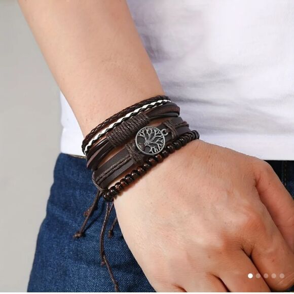 4 leather bracelets layered braided brown tree of life new d18 - Picture 1 of 3